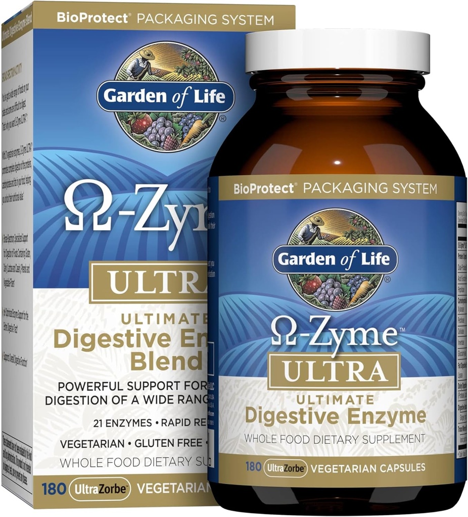 Jardin de la vie 21 Enzymes digestifs puissants avec Papaine, Bromelain, Lipase, Ginger, Curcuma pour la digestion complète des protéines, glucides et graisses – Oméga-Zyme ULTRA, sans gluten, végétarien, 180 capsules