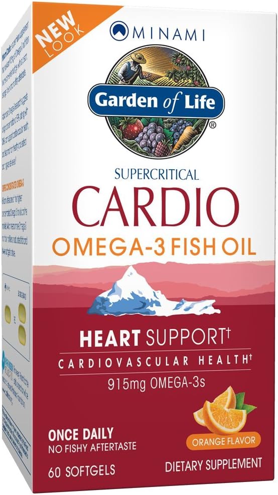Garden of Life Huile de poisson Omega 3 - supplément d'huile de poisson Cardio pour la santé du coeur, 915mg Omega 3 acides gras EPA & DHA - Arôme orange, deux mois d'approvisionnement, Minami suppléments ultimes, 60 Softgels