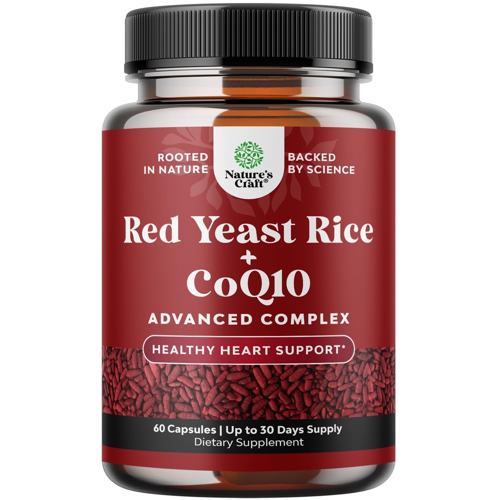 Riz de levure rouge avec supplément CoQ10 - Formule avancée pour le coeur sain et les niveaux de cholestérol sain pour les hommes et les femmes - Capsule de force supplémentaire avec riz de levure rouge 1200 mg Capsules avec nombre CoQ10-60