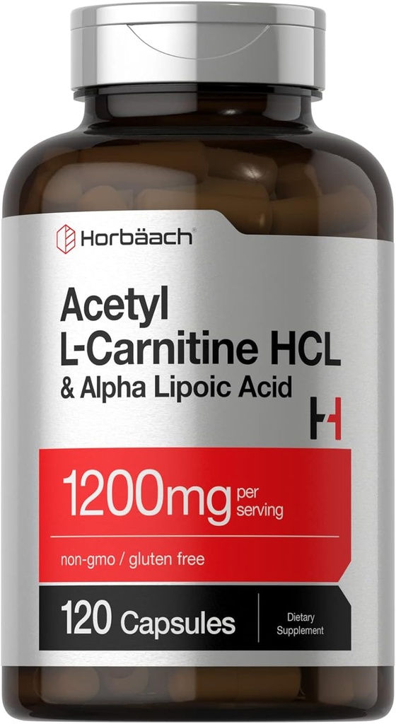 Horbäach Acetyl L Carnitine HCL & Alpha Acide lipoïque 1200mg , 120 capsules Complexe ALC ALA , Supplément sans OGM et sans gluten