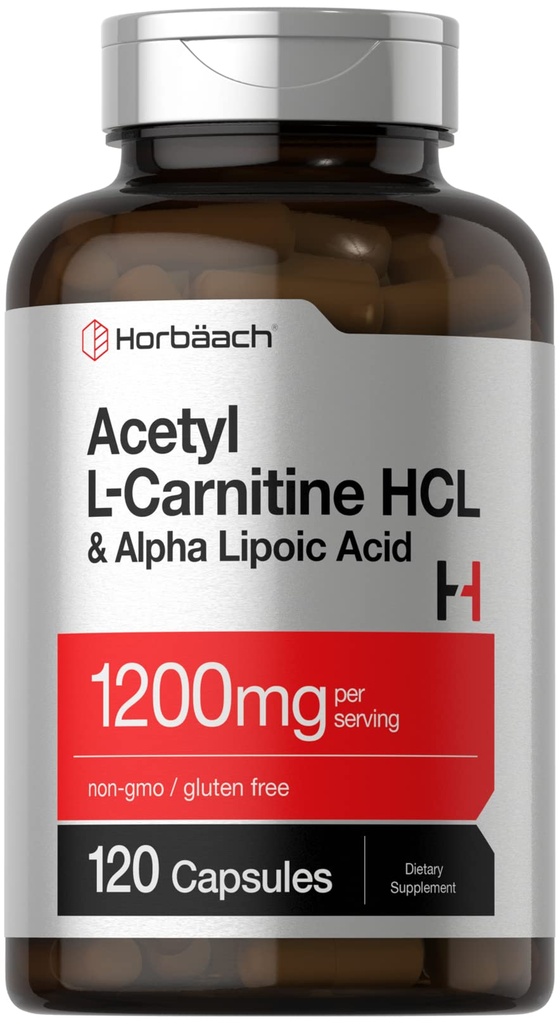 Horbäach Acetyl L Carnitine HCL & Alpha Acide lipoïque 1200mg , 120 capsules Complexe ALC ALA , Supplément sans OGM et sans gluten