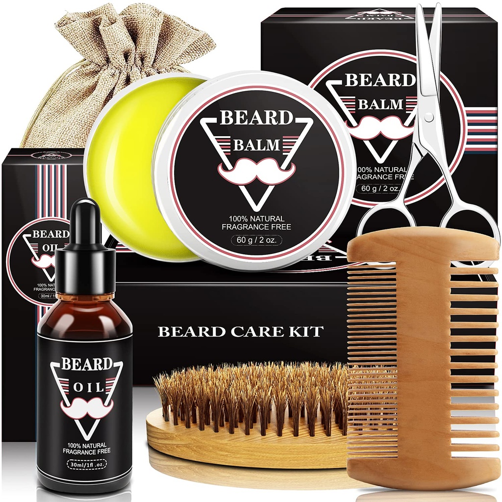 ABUDICS Cadeaux pour hommes, kit de barbe, kit de peigne de barbe avec/huile de barbe Baume de barbe Brosse de barbe Ciseaux de barbe de barbe, cadeaux pour papa Maris L'ami garçon