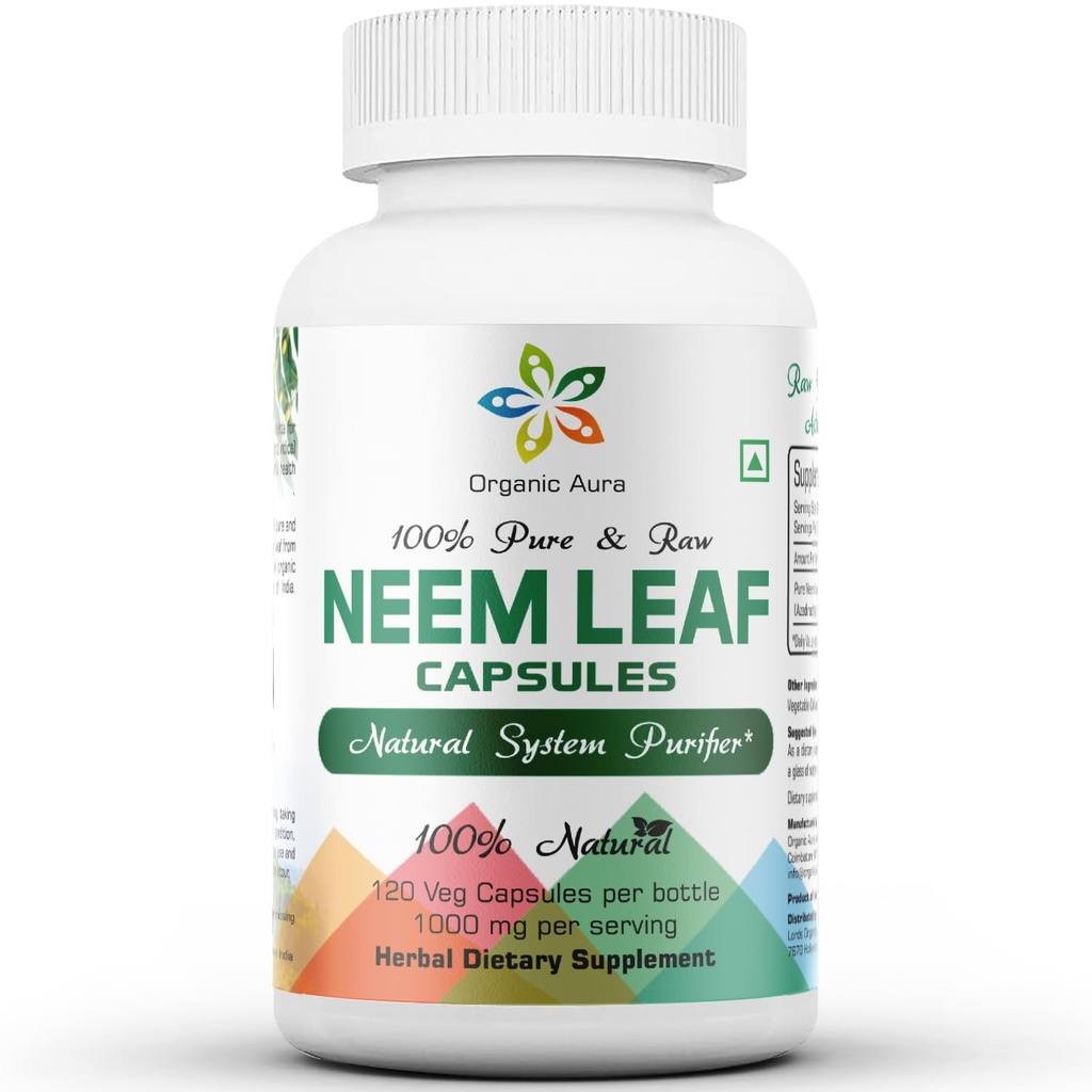 Capsules Aura Neem organiques. 100% Pure et Potent. Un super aliment vert cru. Fabriqué avec des feuilles entières de neem spectre. Agent détoxifiant Miracle, peau radiante et immunité.