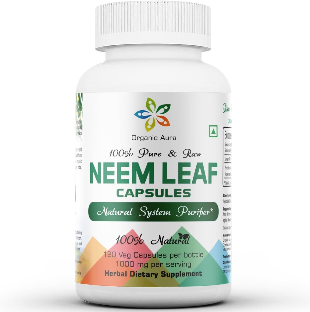 Capsules Aura Neem organiques. 100% Pure et Potent. Un super aliment vert cru. Fabriqué avec des feuilles entières de neem spectre. Agent détoxifiant Miracle, peau radiante et immunité.