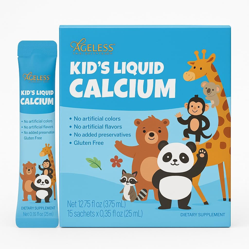 Supplément de calcium liquide pour enfants sans âge, aux os de croissance, vitamine D, zinc et magnésium, avec extrait de basse marine - haute absorption, support immunitaire, sans gluten - 25 ml (15 Nombre)