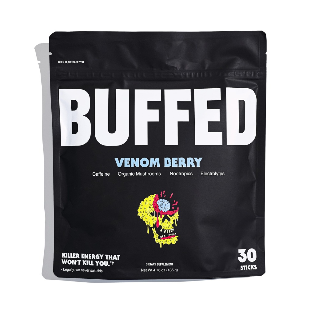 Energy Powder Stick Packs, Buvez un mélange propre, Healthy Boost Packets, 150mg Caféine + Hydratation, Nootropics, Champignons organiques, B-Vitamines, Electrolytes, 30 Pack-Venom Berry