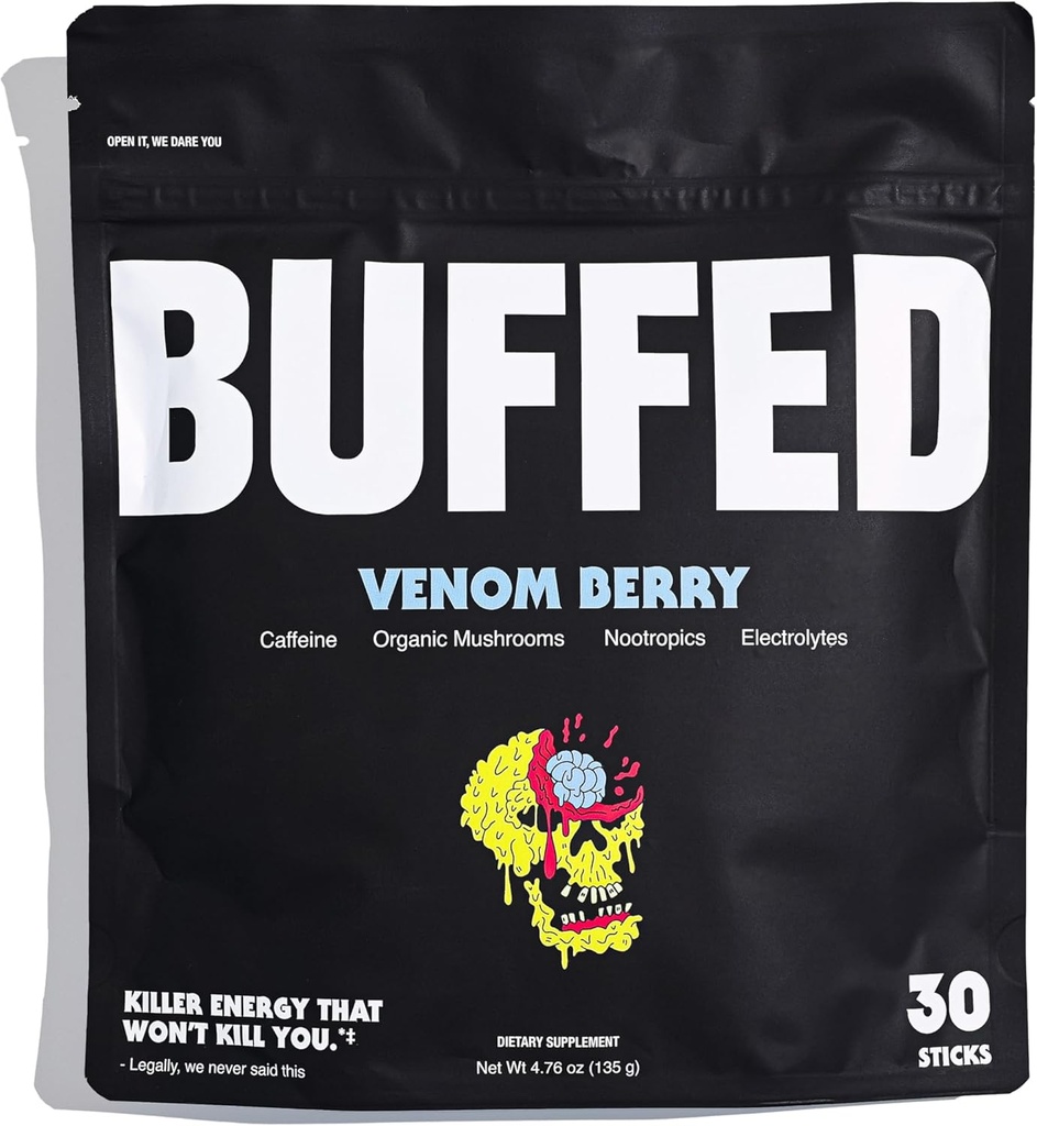 Energy Powder Stick Packs, Buvez un mélange propre, Healthy Boost Packets, 150mg Caféine + Hydratation, Nootropics, Champignons organiques, B-Vitamines, Electrolytes, 30 Pack-Venom Berry