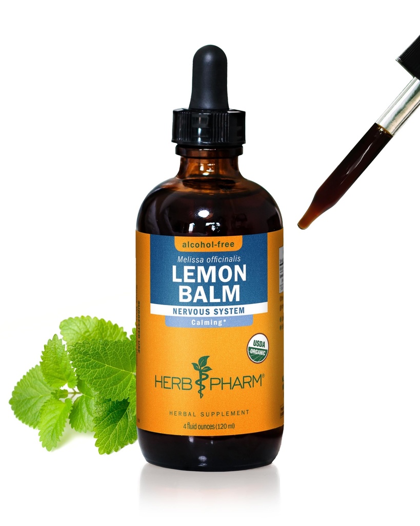 Herb Pharm Certified Organic Lemon Balm Liquid Extract for Calming Nervous System Support, Glycérite sans alcool, 4 once