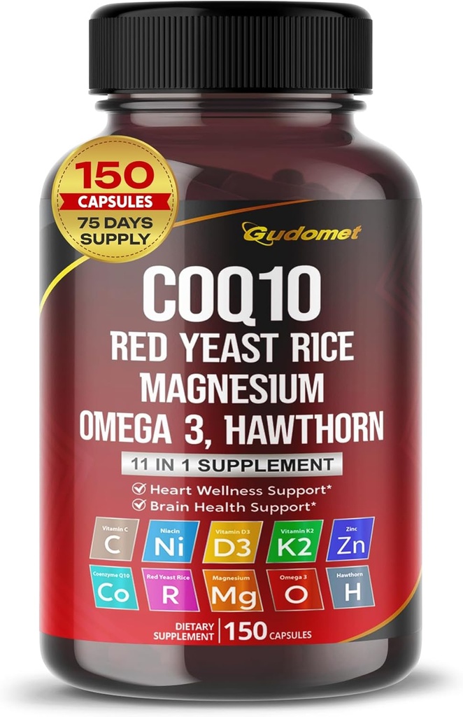 Coenzyme Q10 (Ubiquinone) Red Yeast Rice Hawthorn Omega 3 Vitamin C Niacin Zinc Vitamin K2-150 Capsules- Made in USA