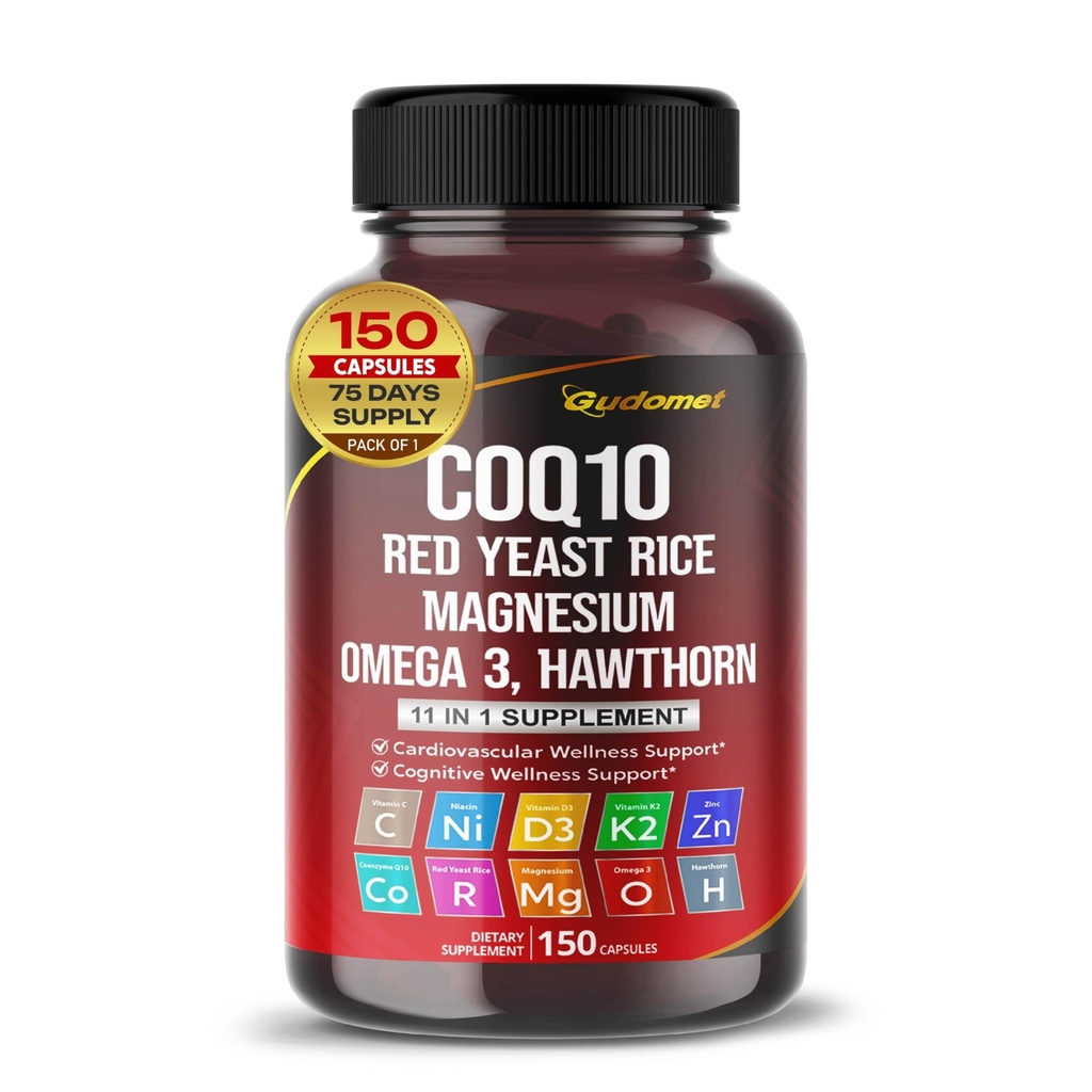 Coenzyme Q10 (Ubiquinone) Red Yeast Riz Hawthorn Omega 3 Vitamine C Niacine Zinc Vitamine K2-150 Capsules
