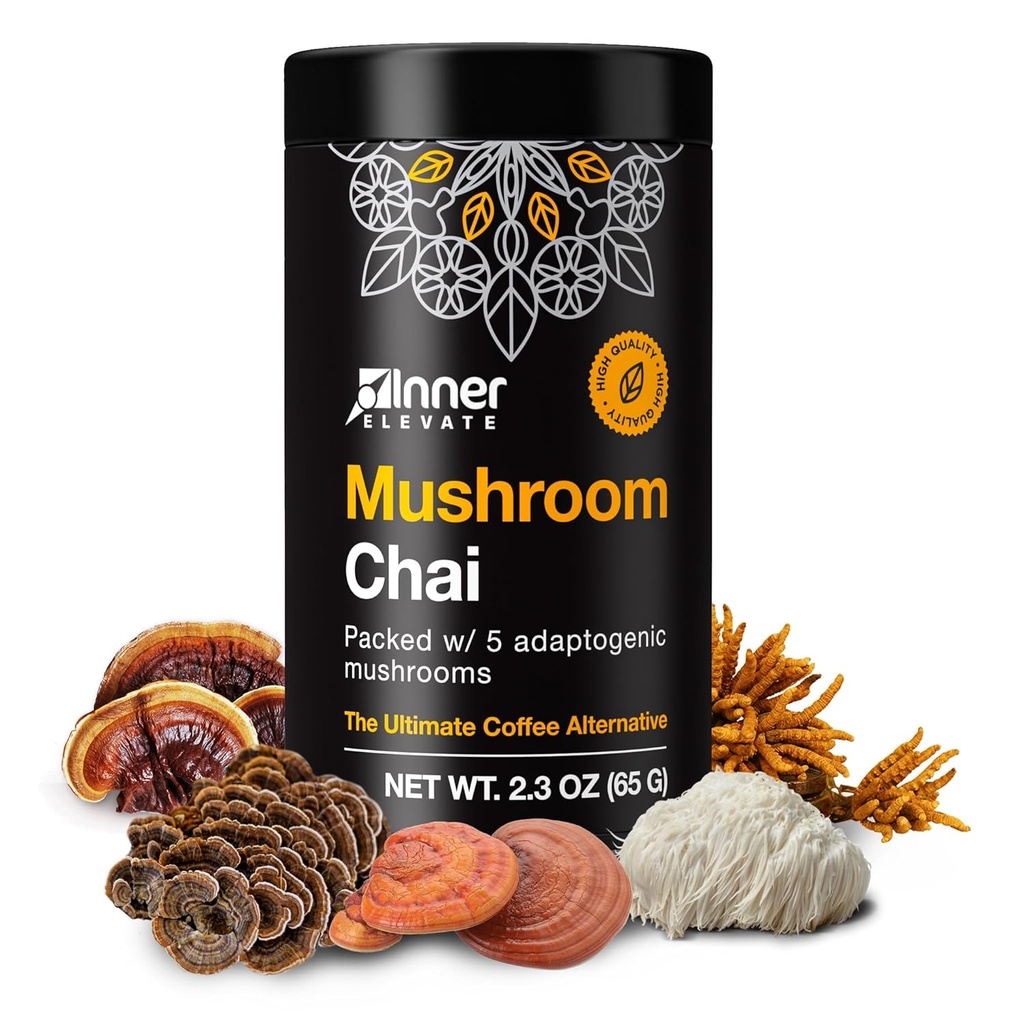 Chai de Champignons Inner Élevé - Ultime Alternative de Café - Thé de Champignon Adaptogène avec Mane de Lion, Cordyceps, Chaga, Reishi, Turquie Tail (35 portions)