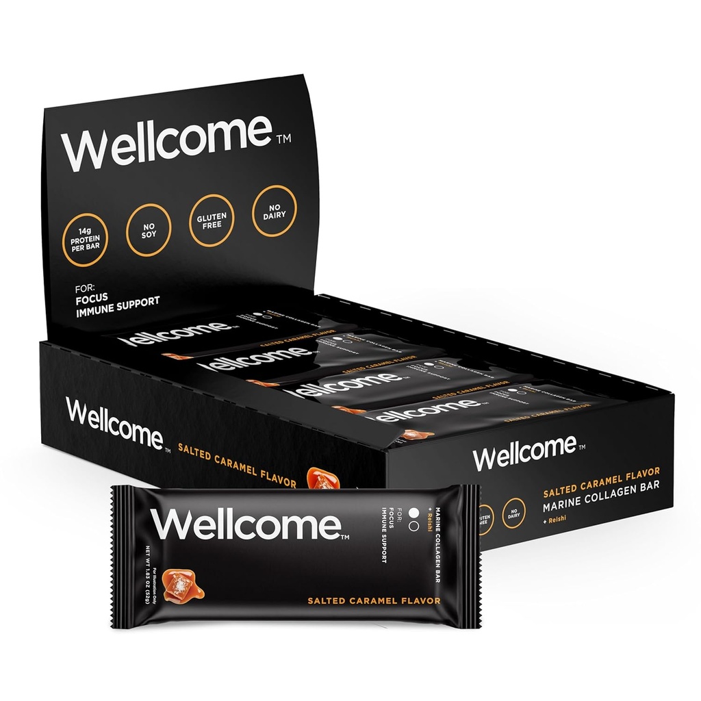 Wellcome Salted Caramel Marine Collagen Protein Bar avec Reishi Champignon pour l'énergie et le soutien immunitaire - Adaptogenic Snack Bar - Barre de santé sans lait pour le mode de vie actif fonctionnel (paquet de 12)