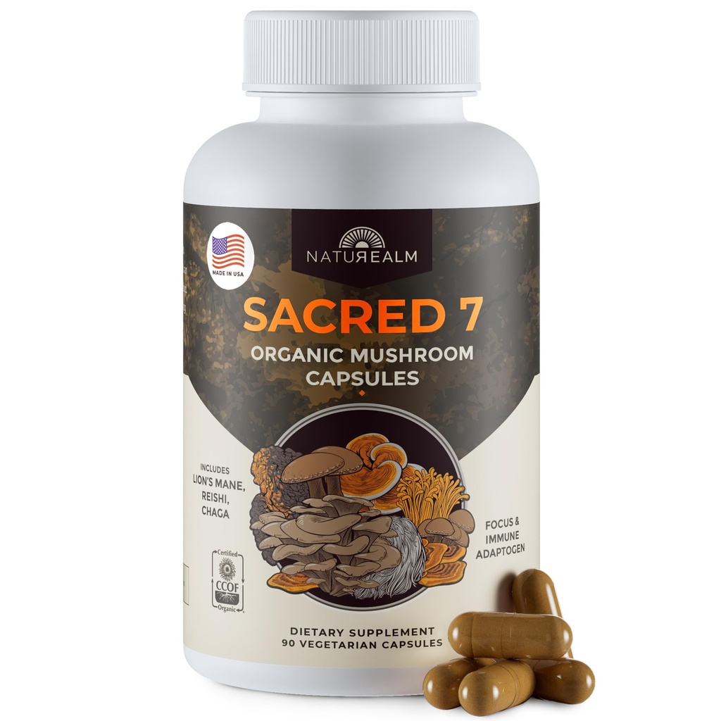 Naturealm Sacred 7 Capsules d'extrait de champignons organiques - Supplément de champignons premium 7 avec Lions Mane, Reishi, Chaga - USDA Organic Immuni Support & Focus - 90 Capsules végétariennes