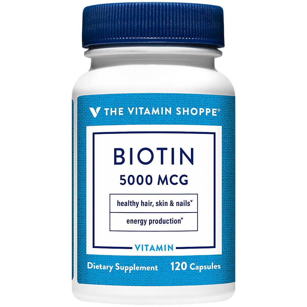 La Vitamine Shoppe Biotin 5 000MCG, Soutien au métabolisme des nutriments pour les cheveux vifs sains, peau saine et ongles forts, production d'énergie (120 capsules)