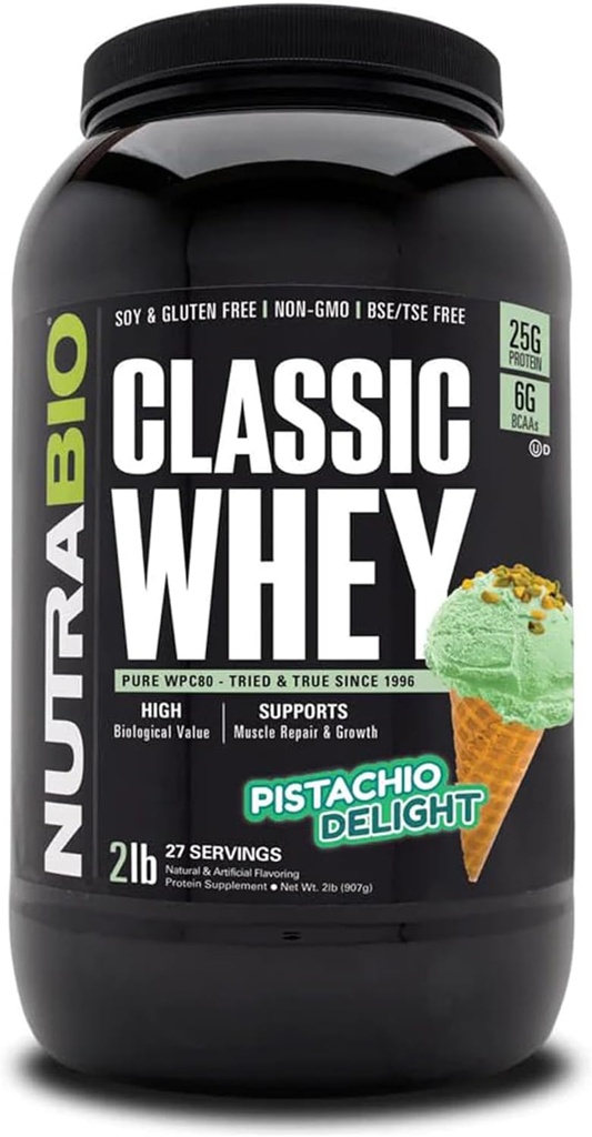 NutraBio Classic Whey Protein Powder- Protéine 25G par scoop - Profil d'acide amino à spectrum complet - Pas de remplissage, Couleurs artificielles, Préservatifs - (Pistachio Delight, 2 livres)