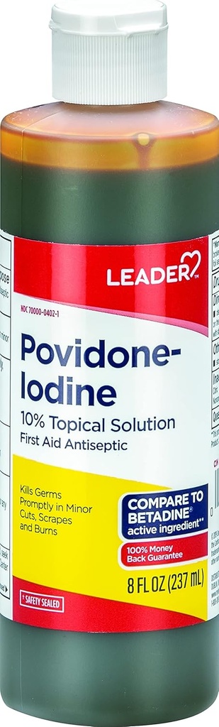 Leader Povidone Iodine 10% Prep Solution USP, First Aid Antiseptic Wound Cleanser, Wound Wash, Antiseptic Soap (8 Fl Oz, Pack of 1)
