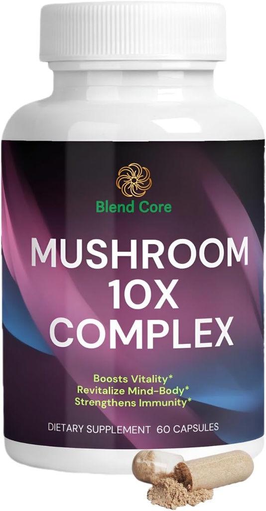 Complexe Champignon 10X - Lions Mane, Reishi et Cordyceps - Supplément pour l'énergie naturelle et le soulagement du stress - Immune Boost - Focus & Memory - Natural & Non-OGM