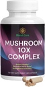 Mushroom 10X Complex - Lions Mane, Reishi, and Cordyceps - Supplement for Natural Energy & Stress Relief - Immune Boost - Focus & Memory - Natural & Non-GMO