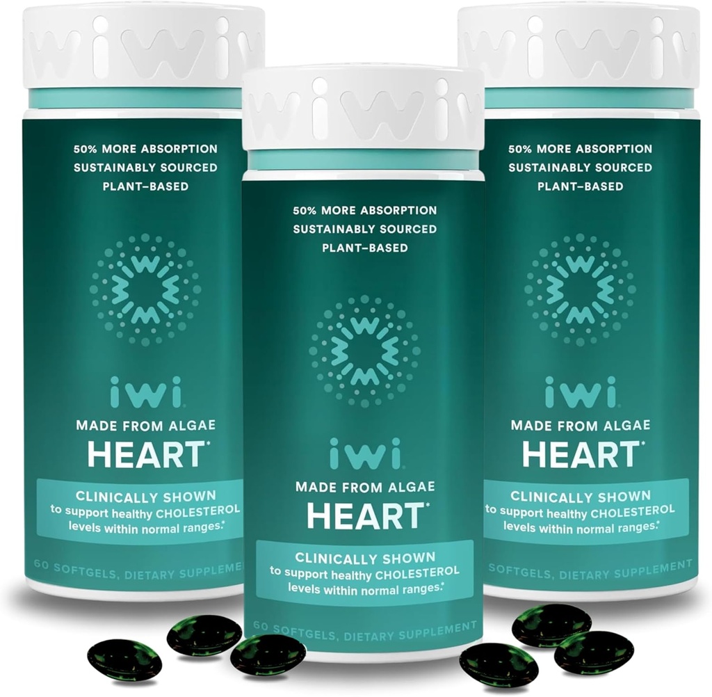 Iwi Life Heart Omega-3, 180 Softgels (90 portions), Algae à base végétale acides gras Omega + EPA, supplément alimentaire de soutien de la santé cardiaque, krill et huile de poisson alternative, sans arrière-goût de poisson