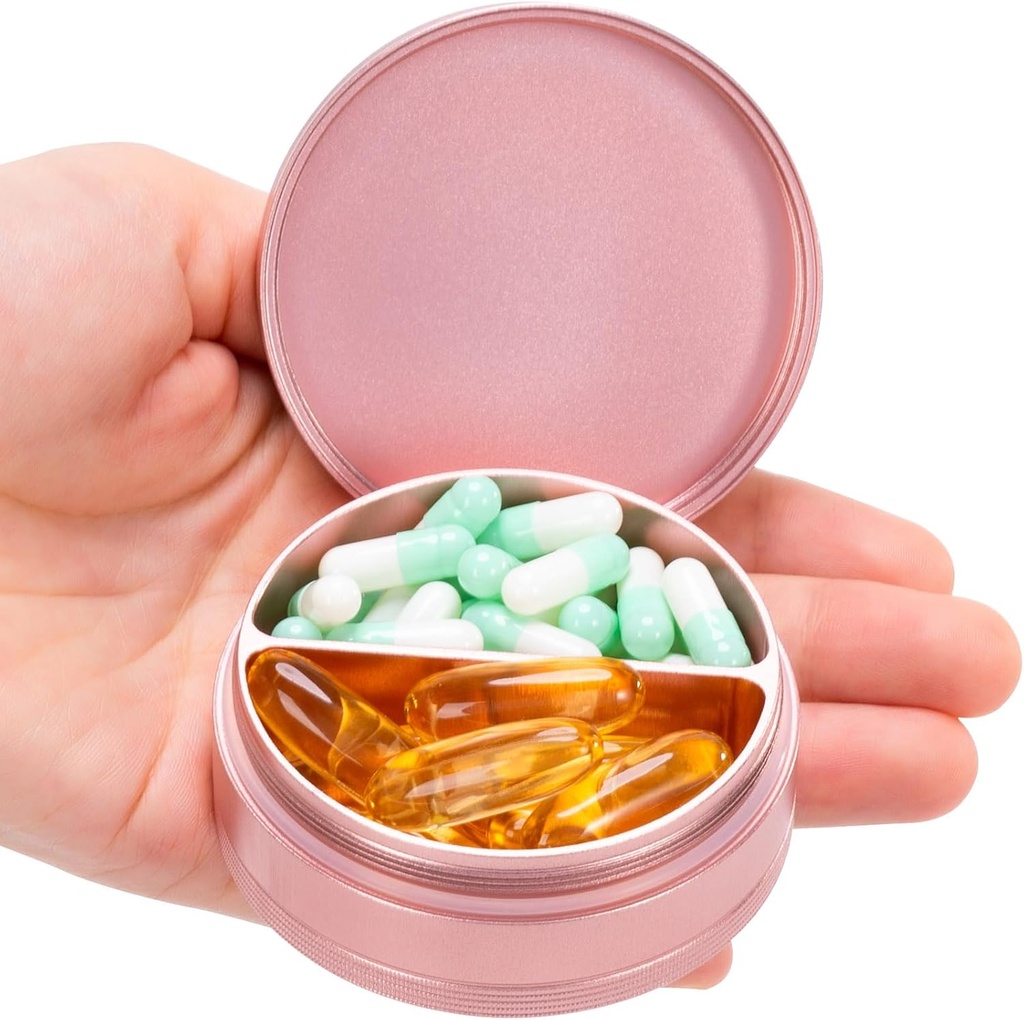Cas de pilule métallique 2 Compartiment - Pill Box imperméable pour les voyages quotidiens, Pocket Purse Pill Container Holder Compact Medicine Organisateur pour les vitamines Huiles de poisson Médicaments