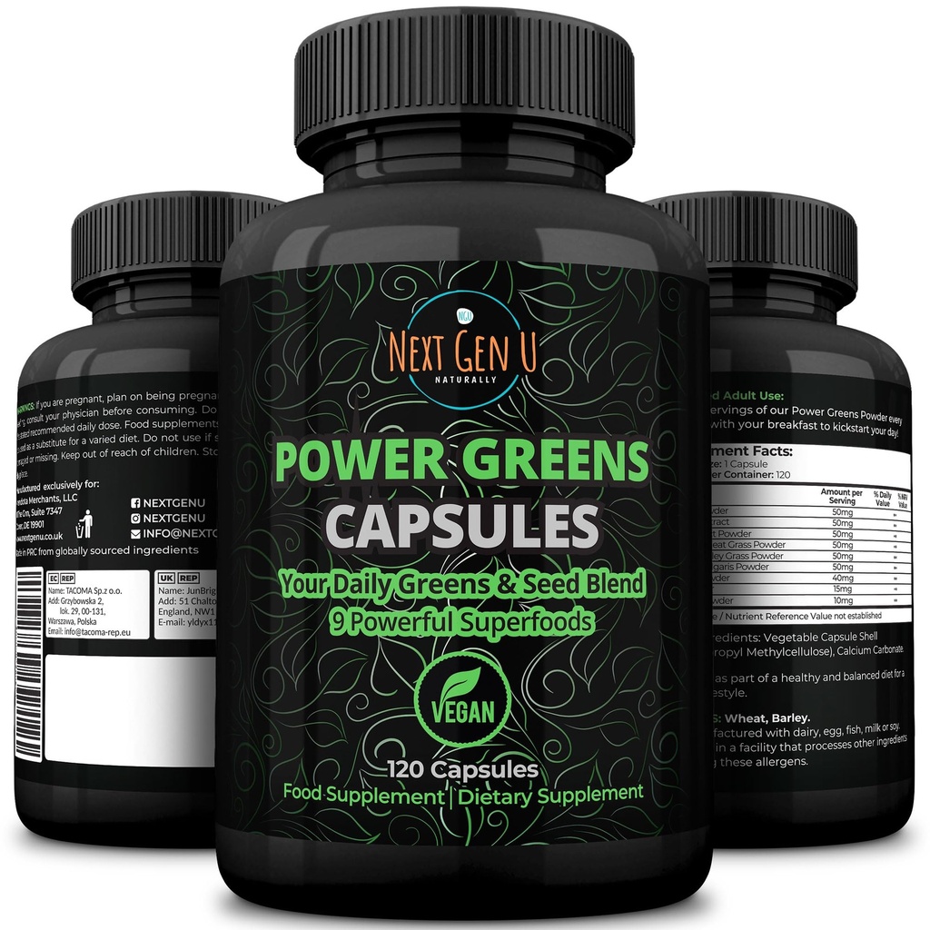 Super Greens - Immune System Support - 500 mg 120 Vegan Capsules - Superfoods for Daily Booster - Healthy Keto Blend with Acai, Wheatgrass, Guarana, Chlorella, Flaxseed, Matcha, Maca - by NextGenU