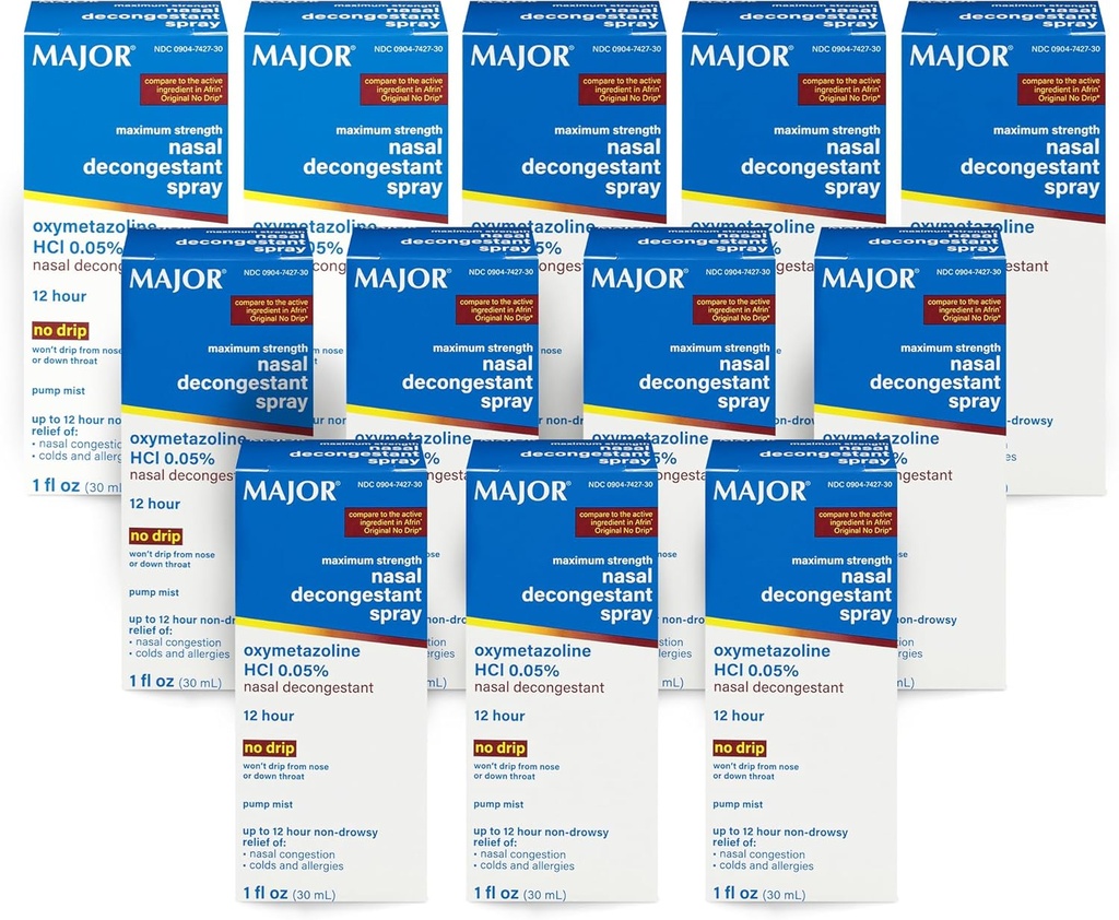 MAJOR Résistance maximale Vaporisateur d'agent nasal, HCl Oxymétazoline 0,05% Mist de pompe, Spray nasal non somnolent, jusqu'à 12 heures de soulagement de la congestion nasale, des rhumes et des allergies 1 Fl. Oz. (12-Pack)