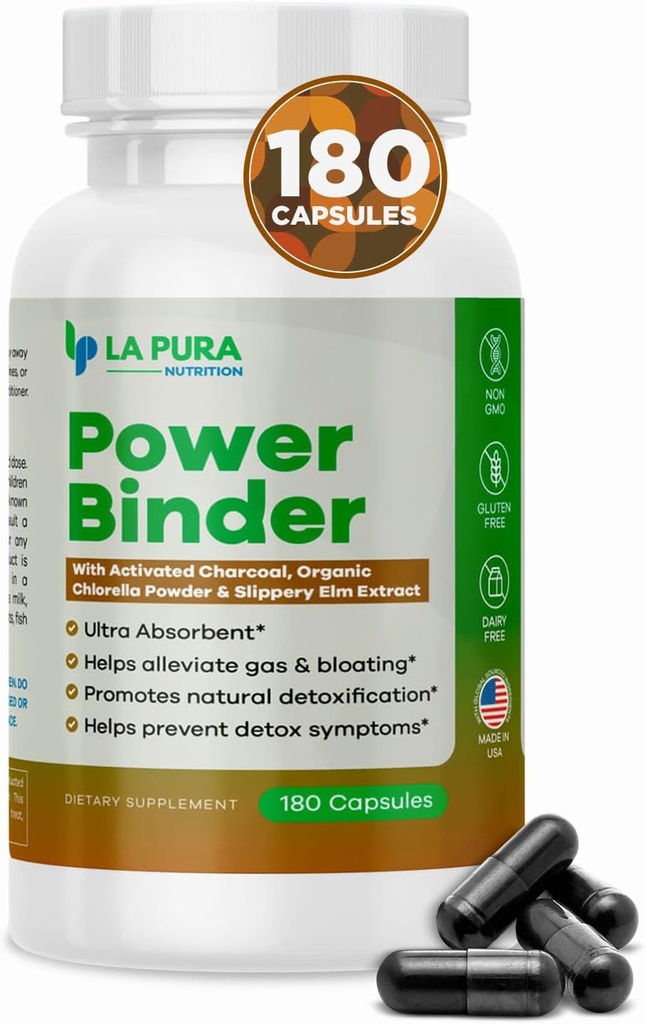 LaPura Power Binder Blend – Détox & Nettoyez avec le charbon activé, la poudre de Chlorella organique et l'extrait d'orme de sliperie – aide à amplifier le gaz et le blottir – favorise la désintoxication naturelle - 180 capsules