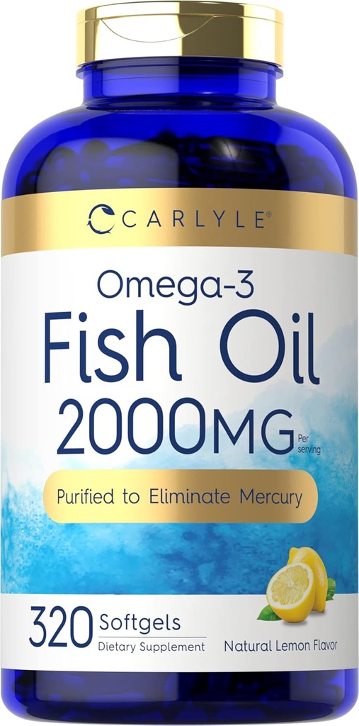 Huile de poisson de Carlyle Omega 3 Suppléments de 2000mg de 320 Softgels de EPA et DHA de 600mg de Total Omega-3 de non-OGM, pilules sans gluten