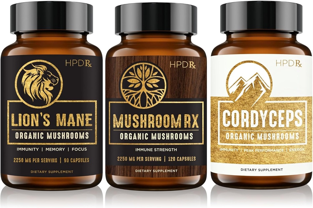 HPD Rx Bundle de Champignons Biologiques, Lions et Cordyceps pour l'immunité, l'esprit et la santé du corps