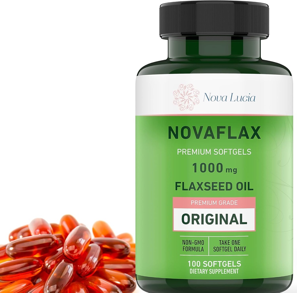 Nova Lucia Organic Flaxseed Oil Capsules 1000mg – Omega 3 6 9 Softgels for Hair, Skin & Nails – Non-GMO, Gluten-Free, Hexane-Free, Easy to Swallow – 100 Liquid Softgels