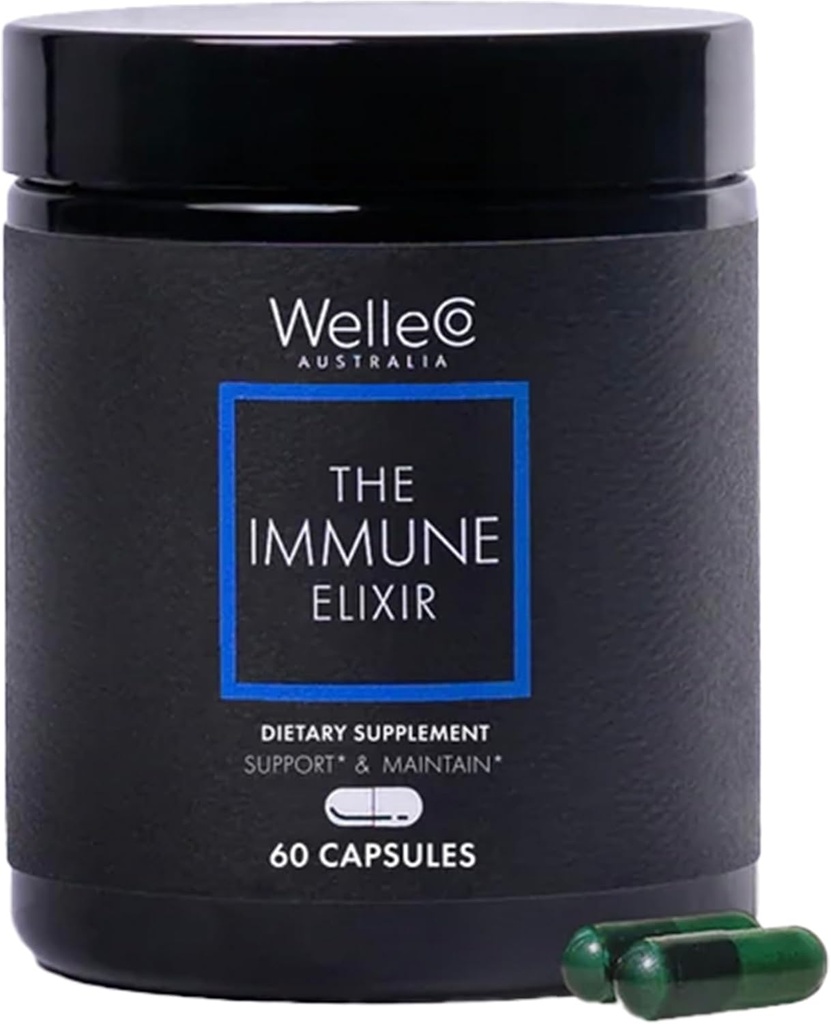 WelleCo L'élixir immunitaire, supplément de soutien immunitaire avec vitamine C, zinc, mûre aînée, champignons Astragalus et Reishi, stimulant d'immunité quotidienne à base végétale pour adultes, 60 capsules