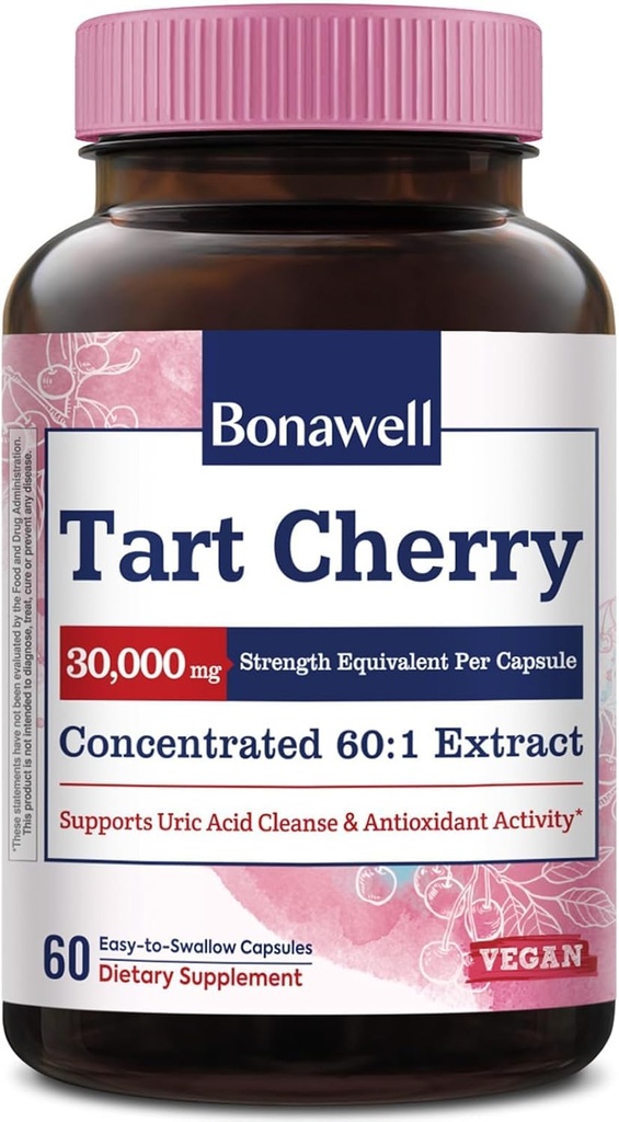 Bonawell Tart Capsules de cerise 60:1 Extrait, 30000mg Résistance, Fait à partir de cerises de tart Montmorency, puissant nettoyant d'acide urique, 2 mois d'approvisionnement, 60 capsules