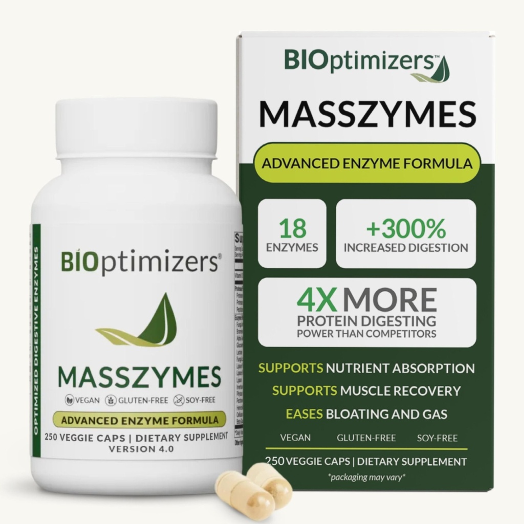 BiOptimizers MassZymes - Supplément complet digestif enzymes pour la santé des intestins - Bloating Relief pour les hommes et les femmes - Lipase Amylase Bromelain Enzymes digestifs (250 capsules)