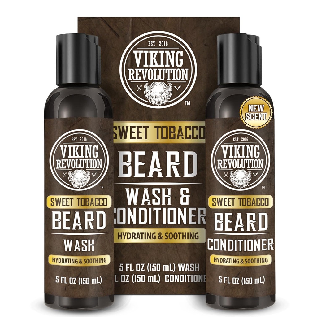 Viking Revolution Beard Wash and Beard Conditioner for Men with Argan Oil and Jojoba Oil - Beard Softener and Strengthener Beard Care Beard Shampoo and Conditioner with Beard Oil (5oz, Sweet Tobacco)