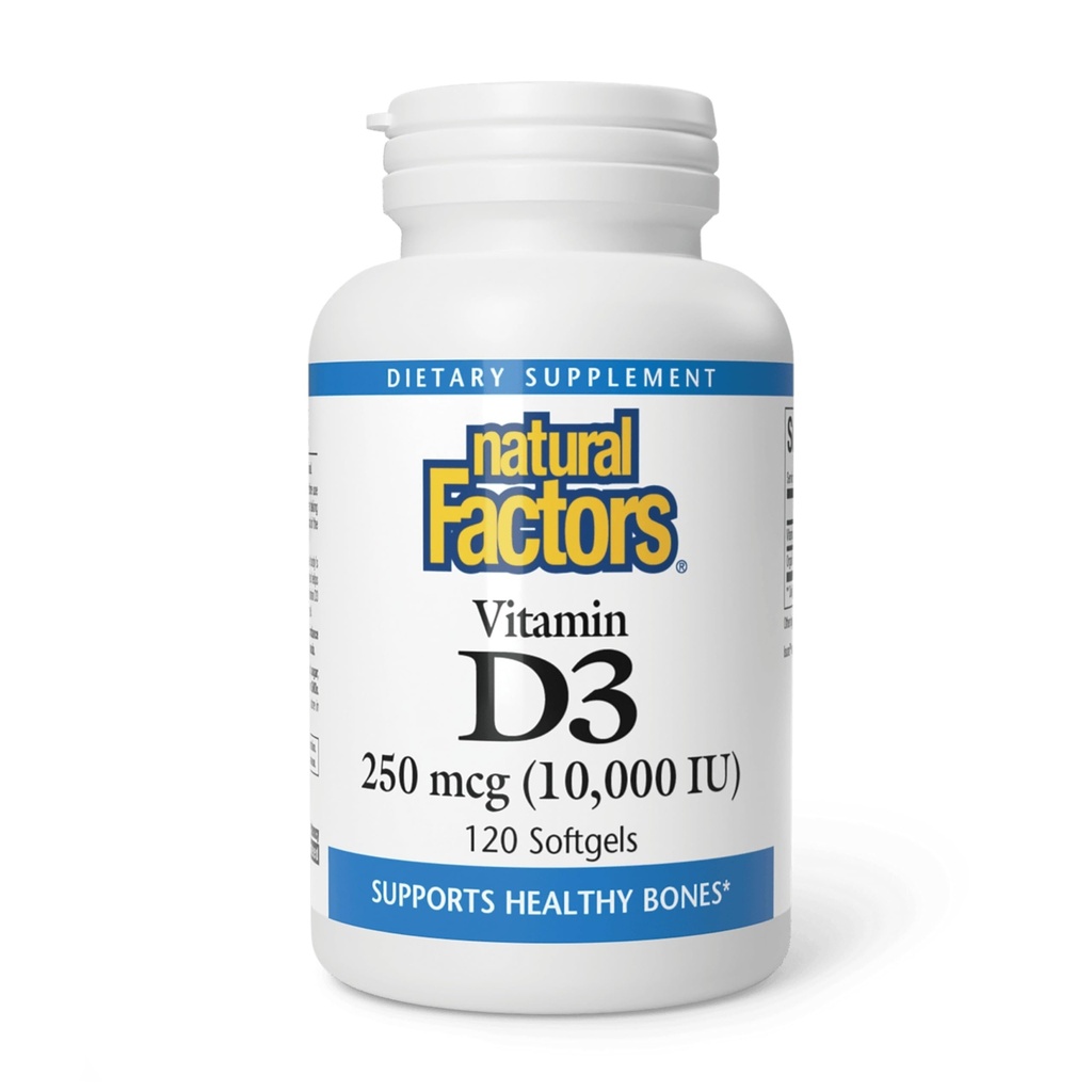 Facteurs naturels Vitamine D3 - Supplément quotidien pour os et soutien - Supplément de vitamine D aide à la santé du système immunitaire Fonction - soutient les articulations fortes et les genoux - 120 Softgels (120 portions)