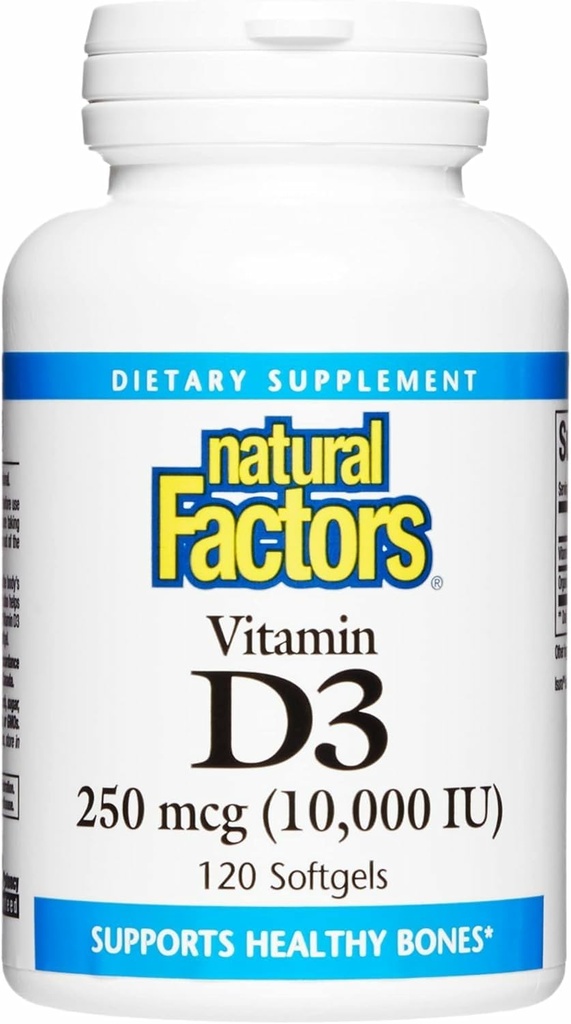 Facteurs naturels Vitamine D3 - Supplément quotidien pour os et soutien - Supplément de vitamine D aide à la santé du système immunitaire Fonction - soutient les articulations fortes et les genoux - 120 Softgels (120 portions)