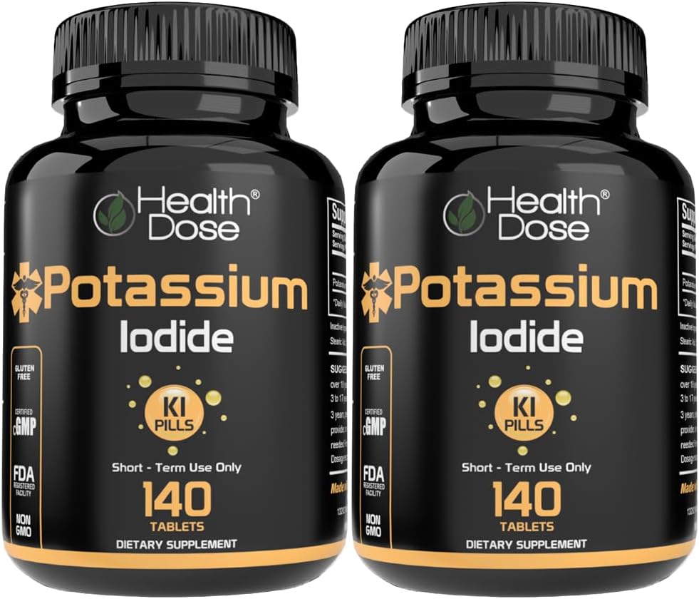 Doses de santé Potassium + Iodide (KI) Comprimés – 130mg 140 Comprimés – pour le support thyroïdien, métabolisme cellulaire et équilibre électrolytique – Non-OGM, sans gluten, certifié GMP, paquet de 2