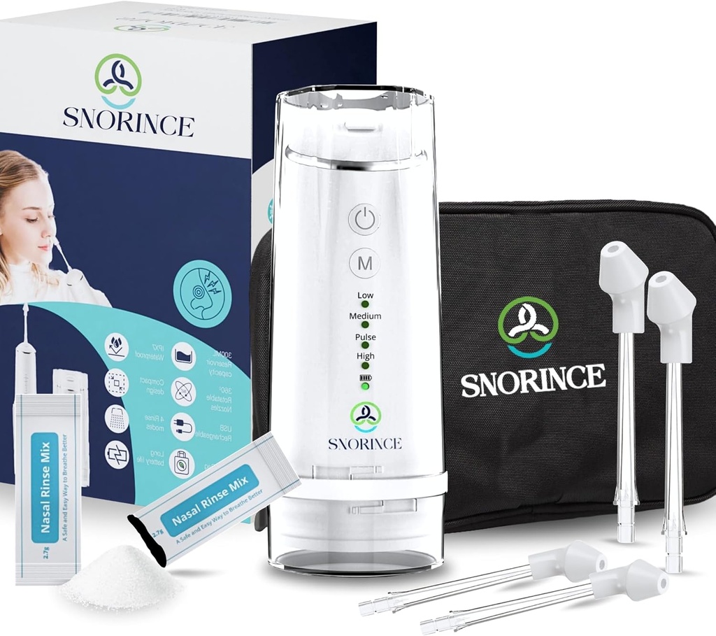 Système d'irrigation nasale pour le soulagement des sinus - Nettoyeur électrique sans fil sans fil Nettoyeur du nez - Sinus Flush Kit pour adultes et enfants, maison et voyage avec 4 modes de rinçage, 4 buses, 40 sachets de sel