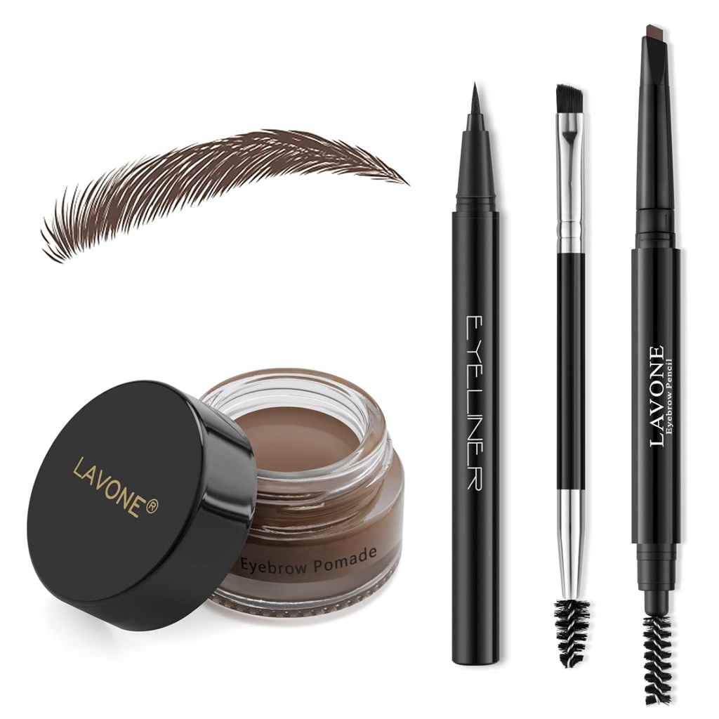 Kit de maquillage LAVONE avec crayon à sourcils, crayon à sourcils étanche et pommade, Eyeliner, brosse à sourcils à double extrémité, brun foncé