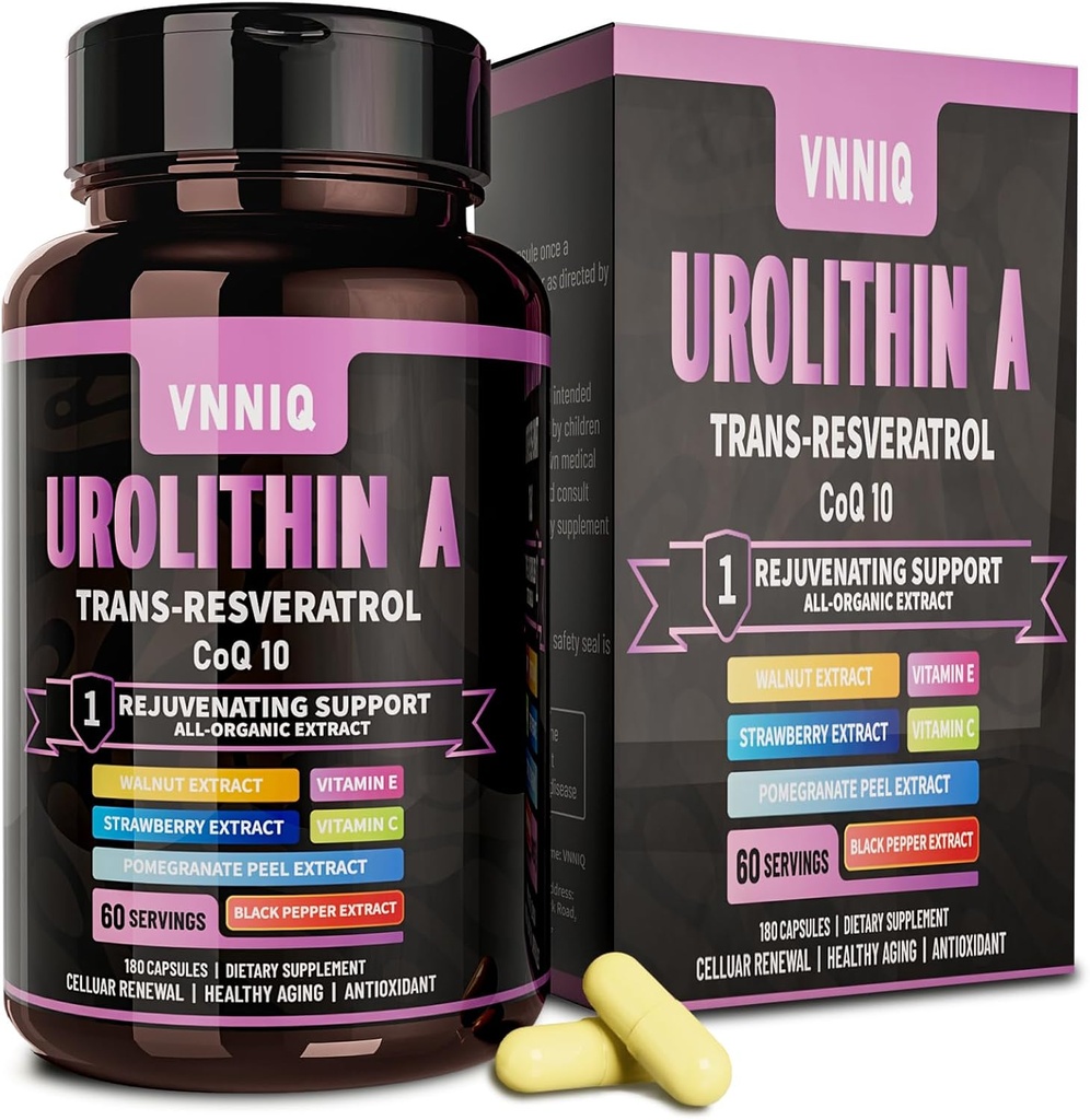 Urolithine Un complément, complexe 9-en-1 avec Urolithine-A, Trans-Resvératrol, CoQ10, et 6 nutriments essentiels anti-âge, soutient l'anti-âge, réparation cellulaire, énergie et focus –180 capsules