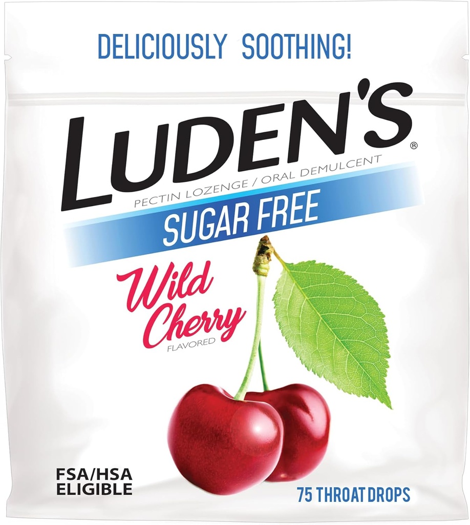Losanges de soulagement de la gorge de Luden pour les petits irritations quotidiennes et bouche sèche, gouttes de cerise sauvage sans sucre, 75 comte