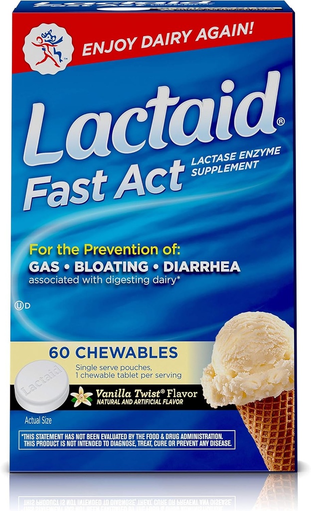 Lactaid Fast Act Intolérance à la lactose Chewables with Lactase Enzymes, Vanilla Twist, 60 Pks of 1-ct.