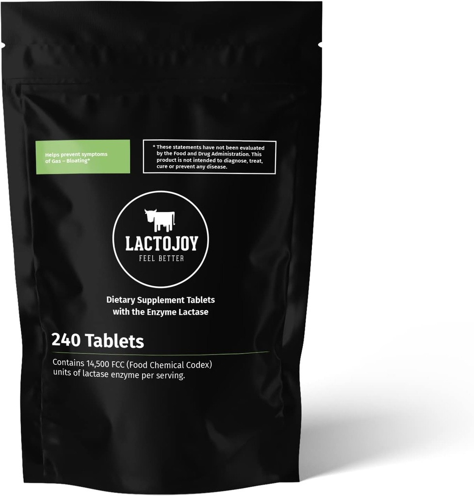 LactoJoy Pilules de lactase 14.500 FCC I 240 pièces Pack de renouvellement I Enzymes puissants de lactase pour l'intolérance au lactose I Lactase ultra pure pour une digestion améliorée I 100% végétalien