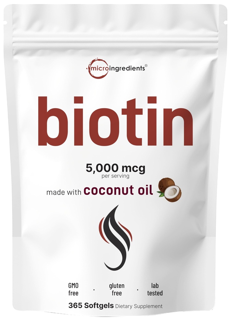 Micro Ingredients Biotin 5 000mcg. 365 Huile de coco vierge Softgels, libération rapide, approvisionnement d'un an.