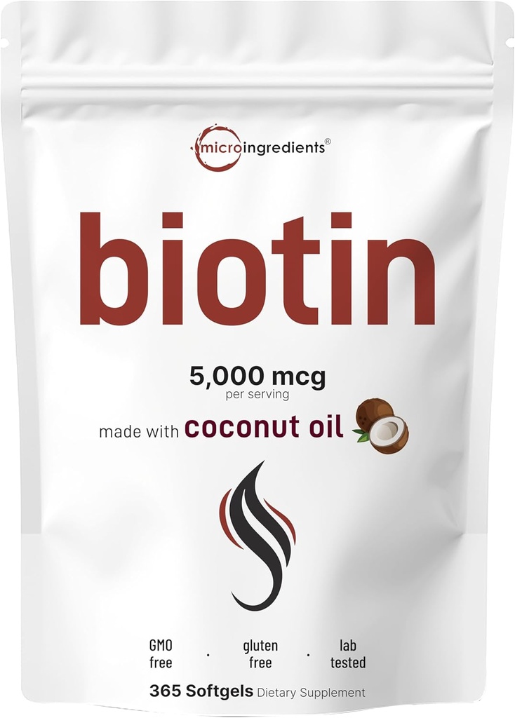 Micro Ingredients Biotin 5 000mcg. 365 Huile de coco vierge Softgels, libération rapide, approvisionnement d'un an.