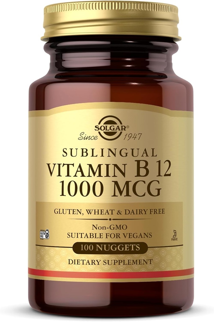 Solgar Vitamine sublinguale B12 1000 mcg - 100 pépites - Non-OGM, végétalien, sans gluten, sans produits laitiers, casher, halal - 100 portions