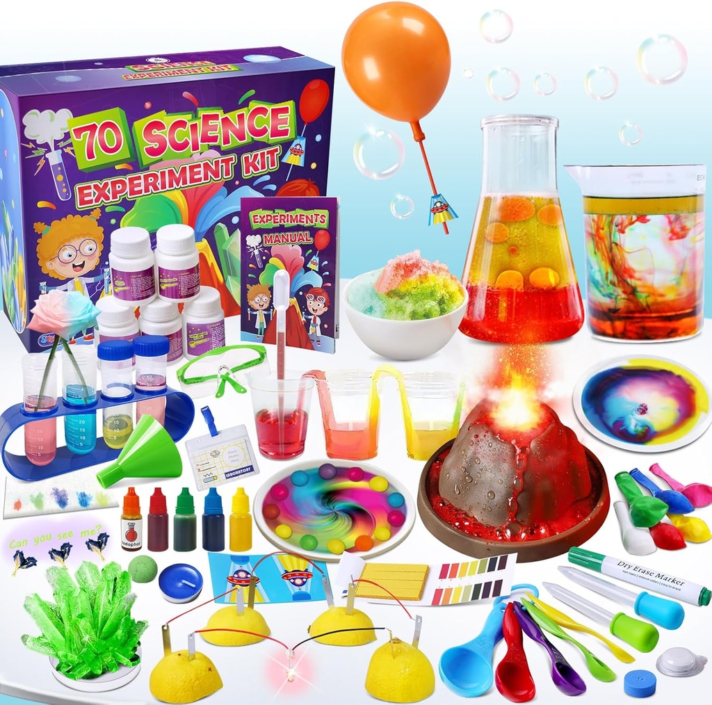 UNGLINGA 70 Lab Experiments Kits scientifiques pour enfants Jouets d'éducation scientifique Cadeaux d'anniversaire Idée pour les filles Garçons, Ensemble de chimie, Volcan en éruption, Circuits de fruits, S.T.E.M Activités Projet scientifique