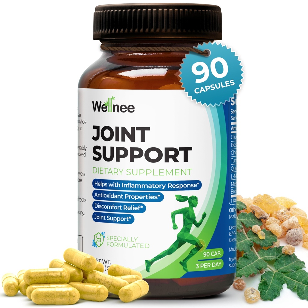 Wellnee Joint Support Supplement - Glucosamine Chondroïtine MSM, Boswellia & Turmeric - Soulage les troubles articulaires et soutient la flexibilité - Wellknee Joint Support - 90 capsules, 30 portions