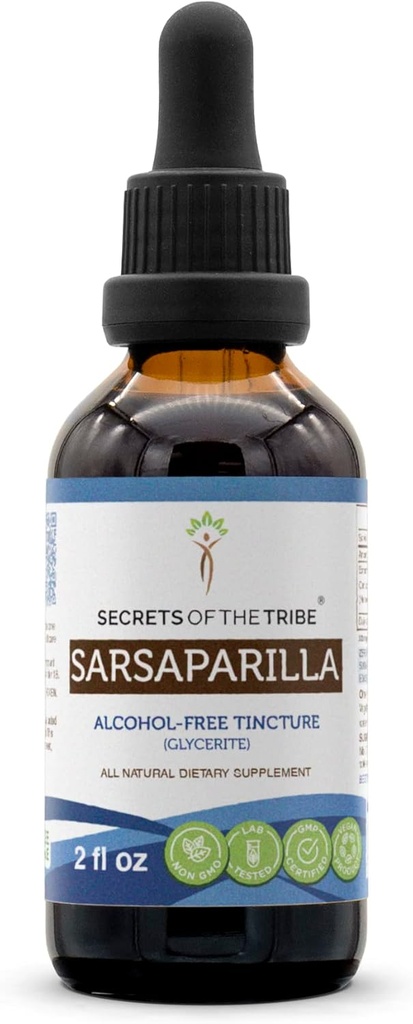 Secrets de la tribu Sarsaparilla Tecture Extrait sans alcool, Sarsaparilla (Smilax Medica) Supplément à la teinture des racines séchées (2 FL OZ)