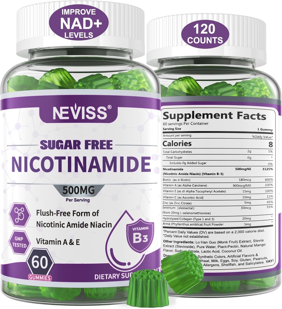 Sans sucre Nicotinamide 500mg Gommies, (Niacine Sans Fuite) Supplément de vitamine B3 Niacinamide pour l'énergie cellulaire Métabolisme et réparation, Vitalité, Vieillissement en santé, Arôme de canneberge, Facile à mâcher, 120 Cts